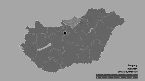 Desaturated Shape Hungary Its Capital Main Regional Division Separated Nograd — Stock Photo, Image