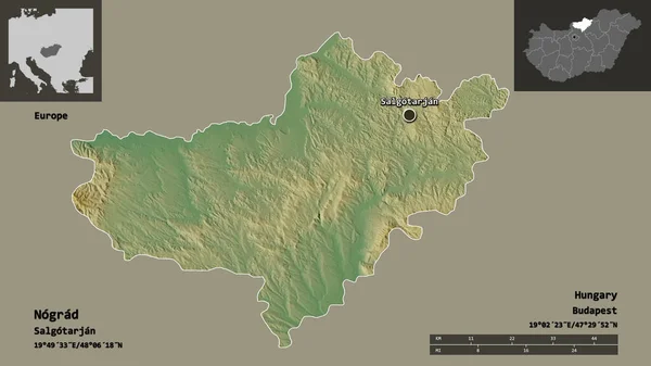 ノグラードの形 ハンガリーの郡とその首都 距離スケール プレビューおよびラベル 地形図 3Dレンダリング — ストック写真