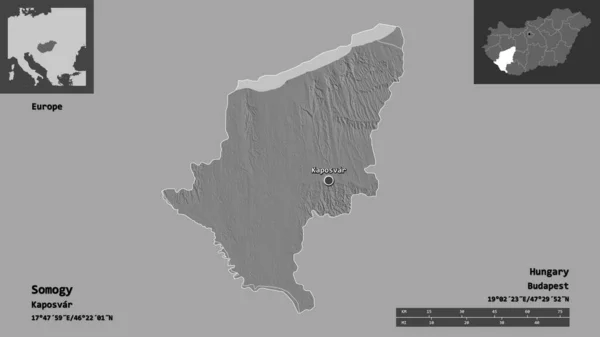 索摩尼的形状 匈牙利的县城 距离刻度 预览和标签 Bilevel高程图 3D渲染 — 图库照片