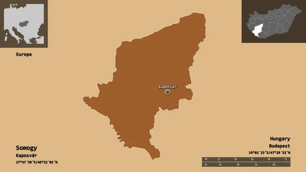 ソモロジーの形 ハンガリーの郡とその首都 距離スケール プレビューおよびラベル パターン化されたテクスチャの構成 3Dレンダリング — ストック写真