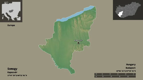 ソモロジーの形 ハンガリーの郡とその首都 距離スケール プレビューおよびラベル 地形図 3Dレンダリング — ストック写真