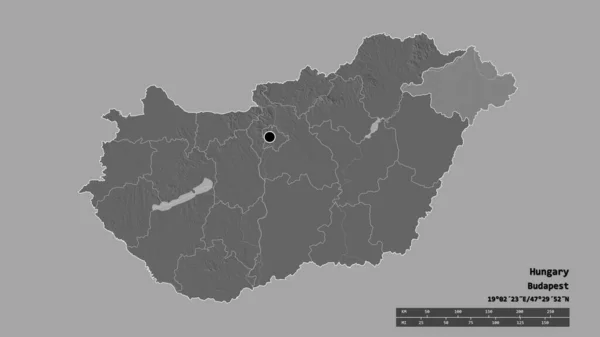 Desaturated Shape Hungary Its Capital Main Regional Division Separated Szabolcs — Stock Photo, Image