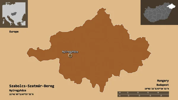 ハンガリーの郡 サトマール ベレグとその首都の形 距離スケール プレビューおよびラベル パターン化されたテクスチャの構成 3Dレンダリング — ストック写真