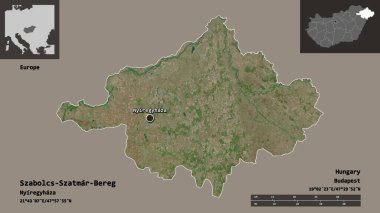 Macaristan ve başkenti Szabolcs-Szatmar-Bereg 'in şekli. Uzaklık ölçeği, ön gösterimler ve etiketler. Uydu görüntüleri. 3B görüntüleme