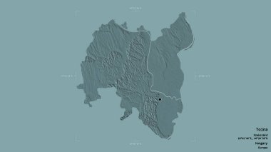 Tolna bölgesi, Macaristan Bölgesi, katı bir arka planda izole edilmiş bir sınır kutusunda. Etiketler. Renkli yükseklik haritası. 3B görüntüleme