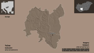 Macaristan 'ın Tolna ilçesi ve başkenti. Uzaklık ölçeği, ön gösterimler ve etiketler. Renkli yükseklik haritası. 3B görüntüleme