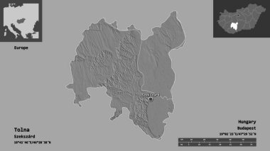 Macaristan 'ın Tolna ilçesi ve başkenti. Uzaklık ölçeği, ön gösterimler ve etiketler. Çift seviyeli yükseklik haritası. 3B görüntüleme