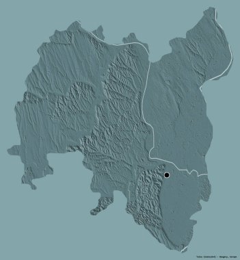 Macaristan 'ın Tolna ilçesi, başkenti katı renk arkaplanı ile izole edilmiştir. Renkli yükseklik haritası. 3B görüntüleme