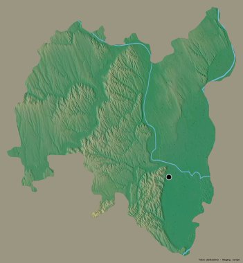 Macaristan 'ın Tolna ilçesi, başkenti katı renk arkaplanı ile izole edilmiştir. Topografik yardım haritası. 3B görüntüleme