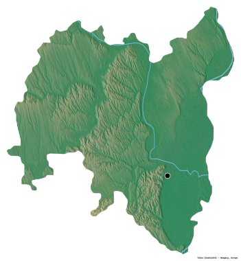Macaristan 'ın Tolna ilçesi, başkenti beyaz arka planda izole edilmiştir. Topografik yardım haritası. 3B görüntüleme