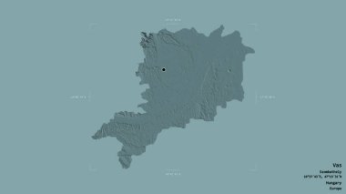Macaristan 'ın Vas ilçesi, jeoreferatlı bir sınır kutusunda sağlam bir arka planda izole edilmiş. Etiketler. Renkli yükseklik haritası. 3B görüntüleme