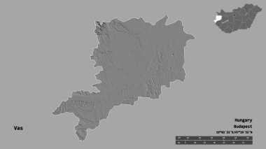 Macaristan 'ın Vas ilçesi, başkenti sağlam bir zemin üzerinde izole edilmiştir. Uzaklık ölçeği, bölge önizlemesi ve etiketleri. Çift seviyeli yükseklik haritası. 3B görüntüleme