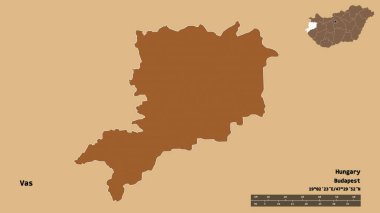 Macaristan 'ın Vas ilçesi, başkenti sağlam bir zemin üzerinde izole edilmiştir. Uzaklık ölçeği, bölge önizlemesi ve etiketleri. Desenli dokuların bileşimi. 3B görüntüleme