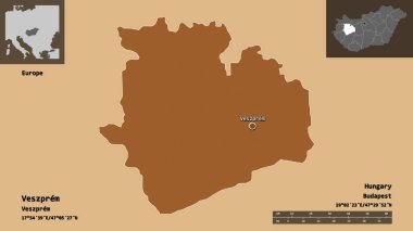 Macaristan 'ın Veszprem ilçesi ve başkenti. Uzaklık ölçeği, ön gösterimler ve etiketler. Desenli dokuların bileşimi. 3B görüntüleme