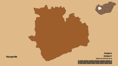 Macaristan 'ın Veszprem ilçesi, başkenti sağlam bir zemin üzerinde izole edilmiştir. Uzaklık ölçeği, bölge önizlemesi ve etiketleri. Desenli dokuların bileşimi. 3B görüntüleme