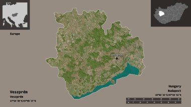Macaristan 'ın Veszprem ilçesi ve başkenti. Uzaklık ölçeği, ön gösterimler ve etiketler. Uydu görüntüleri. 3B görüntüleme