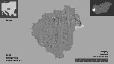 Macaristan 'ın Zala ilçesi ve başkenti. Uzaklık ölçeği, ön gösterimler ve etiketler. Çift seviyeli yükseklik haritası. 3B görüntüleme