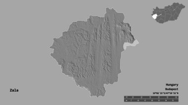 Macaristan 'ın Zala ilçesi, başkenti sağlam arka planda izole edilmiş. Uzaklık ölçeği, bölge önizlemesi ve etiketleri. Çift seviyeli yükseklik haritası. 3B görüntüleme