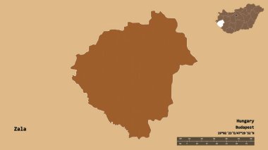 Macaristan 'ın Zala ilçesi, başkenti sağlam arka planda izole edilmiş. Uzaklık ölçeği, bölge önizlemesi ve etiketleri. Desenli dokuların bileşimi. 3B görüntüleme