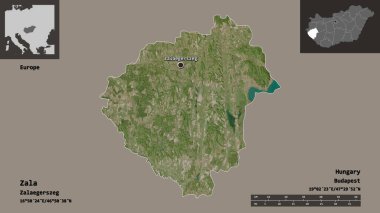 Macaristan 'ın Zala ilçesi ve başkenti. Uzaklık ölçeği, ön gösterimler ve etiketler. Uydu görüntüleri. 3B görüntüleme