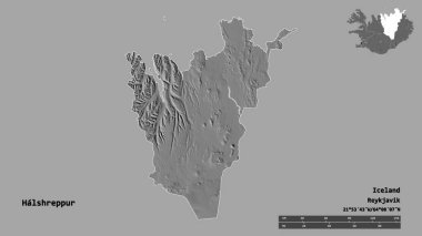 Halshreppur 'un şekli, İzlanda bölgesi, başkenti sağlam bir zemin üzerinde izole edilmiş. Uzaklık ölçeği, bölge önizlemesi ve etiketleri. Çift seviyeli yükseklik haritası. 3B görüntüleme