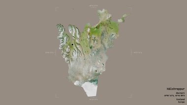 Halshreppur bölgesi, İzlanda bölgesi, jeoreferatlı bir sınır kutusunda sağlam bir arka planda izole edilmiş. Etiketler. Uydu görüntüleri. 3B görüntüleme