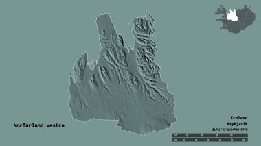 Norurland Vestra 'nın şekli, İzlanda bölgesi, başkenti sağlam bir zemin üzerinde izole edilmiş. Uzaklık ölçeği, bölge önizlemesi ve etiketleri. Renkli yükseklik haritası. 3B görüntüleme