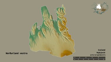 Norurland Vestra 'nın şekli, İzlanda bölgesi, başkenti sağlam bir zemin üzerinde izole edilmiş. Uzaklık ölçeği, bölge önizlemesi ve etiketleri. Topografik yardım haritası. 3B görüntüleme