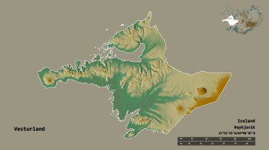 İzlanda 'nın Vesturland bölgesi, başkenti sağlam bir zemin üzerinde izole edilmiştir. Uzaklık ölçeği, bölge önizlemesi ve etiketleri. Topografik yardım haritası. 3B görüntüleme