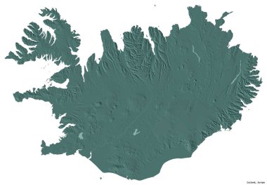 Beyaz arka planda başkenti izole edilmiş İzlanda şekli. Renkli yükseklik haritası. 3B görüntüleme
