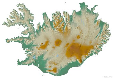 Beyaz arka planda başkenti izole edilmiş İzlanda şekli. Topografik yardım haritası. 3B görüntüleme