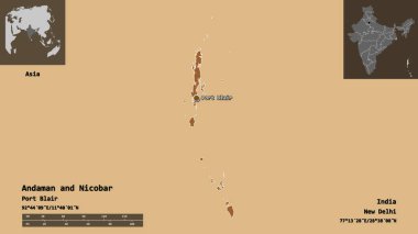 Andaman ve Nicobar 'ın şekli, Hindistan' ın birlik bölgesi ve başkenti. Uzaklık ölçeği, ön gösterimler ve etiketler. Desenli dokuların bileşimi. 3B görüntüleme