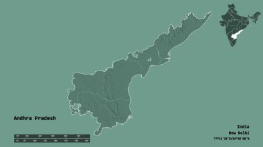 Andhra Pradesh 'in şekli, Hindistan eyaleti, başkenti sağlam bir zemin üzerinde izole edilmiş. Uzaklık ölçeği, bölge önizlemesi ve etiketleri. Renkli yükseklik haritası. 3B görüntüleme