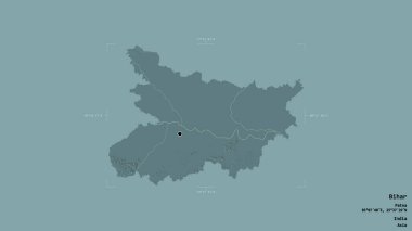 Bihar bölgesi, Hindistan eyaleti, katı bir arka planda izole edilmiş bir sınır kutusunda. Etiketler. Renkli yükseklik haritası. 3B görüntüleme