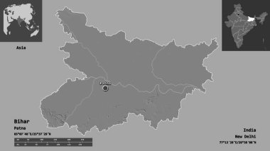 Bihar 'ın şekli, Hindistan eyaleti ve başkenti. Uzaklık ölçeği, ön gösterimler ve etiketler. Çift seviyeli yükseklik haritası. 3B görüntüleme