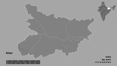 Hindistan 'ın Bihar eyaleti, başkenti sağlam bir zemin üzerinde izole edilmiştir. Uzaklık ölçeği, bölge önizlemesi ve etiketleri. Çift seviyeli yükseklik haritası. 3B görüntüleme