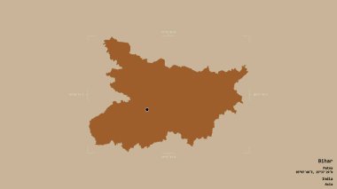 Bihar bölgesi, Hindistan eyaleti, katı bir arka planda izole edilmiş bir sınır kutusunda. Etiketler. Desenli dokuların bileşimi. 3B görüntüleme