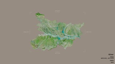 Bihar bölgesi, Hindistan eyaleti, katı bir arka planda izole edilmiş bir sınır kutusunda. Etiketler. Uydu görüntüleri. 3B görüntüleme