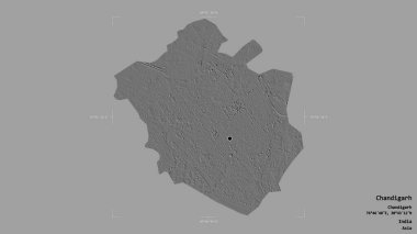 Chandigarh bölgesi, Hindistan 'ın birlik bölgesi, katı bir arka planda izole edilmiş bir sınır kutusunda. Etiketler. Çift seviyeli yükseklik haritası. 3B görüntüleme