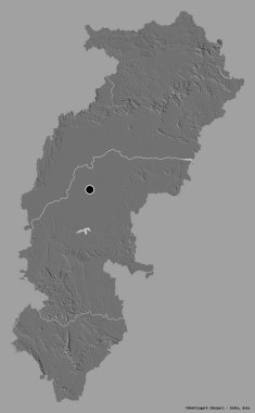Hindistan 'ın Chhattisgarh eyaleti, başkenti katı renk arkaplanı ile izole edilmiştir. Çift seviyeli yükseklik haritası. 3B görüntüleme