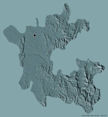 Hindistan 'ın birleşik bölgesi olan Dadra ve Nagar Haveli' nin şekli, başkenti katı bir renk arkaplanı ile izole edilmiştir. Renkli yükseklik haritası. 3B görüntüleme