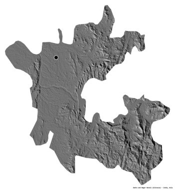 Hindistan 'ın birleşik toprakları olan Dadra ve Nagar Haveli' nin beyaz arka planda bulunan başkenti. Çift seviyeli yükseklik haritası. 3B görüntüleme