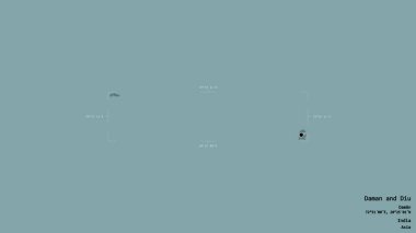 Daman ve Diu 'nun bölgesi, Hindistan' ın birlik bölgesi, jeoreferatlı bir sınır kutusunda sağlam bir arka planda izole edilmiş. Etiketler. Renkli yükseklik haritası. 3B görüntüleme