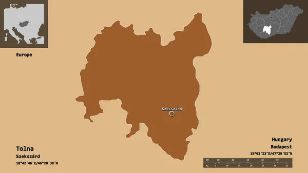 トルナの形 ハンガリーの郡とその首都 距離スケール プレビューおよびラベル パターン化されたテクスチャの構成 3Dレンダリング — ストック写真