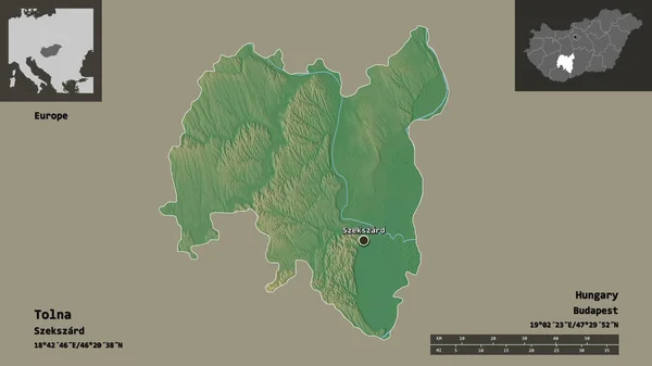 トルナの形 ハンガリーの郡とその首都 距離スケール プレビューおよびラベル 地形図 3Dレンダリング — ストック写真