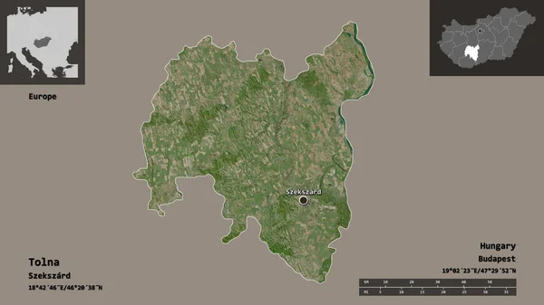 トルナの形 ハンガリーの郡とその首都 距離スケール プレビューおよびラベル 衛星画像 3Dレンダリング — ストック写真