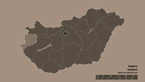 主要な地域部門と分離されたVas地域とハンガリーの荒廃した形 ラベル 色の標高マップ 3Dレンダリング — ストック写真