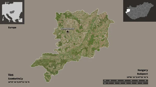 ヴァスの形 ハンガリーの郡とその首都 距離スケール プレビューおよびラベル 衛星画像 3Dレンダリング — ストック写真