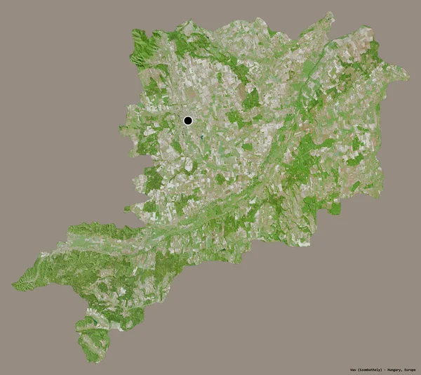 ハンガリーのヴァス県の形で その首都はしっかりとした色の背景に隔離されています 衛星画像 3Dレンダリング — ストック写真