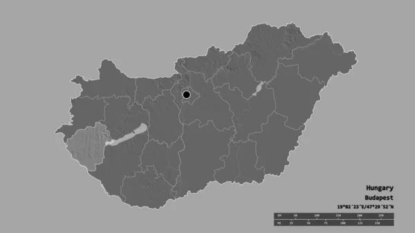 Desaturerad Form Ungern Med Dess Huvudstad Huvudsakliga Regionala Indelning Och — Stockfoto
